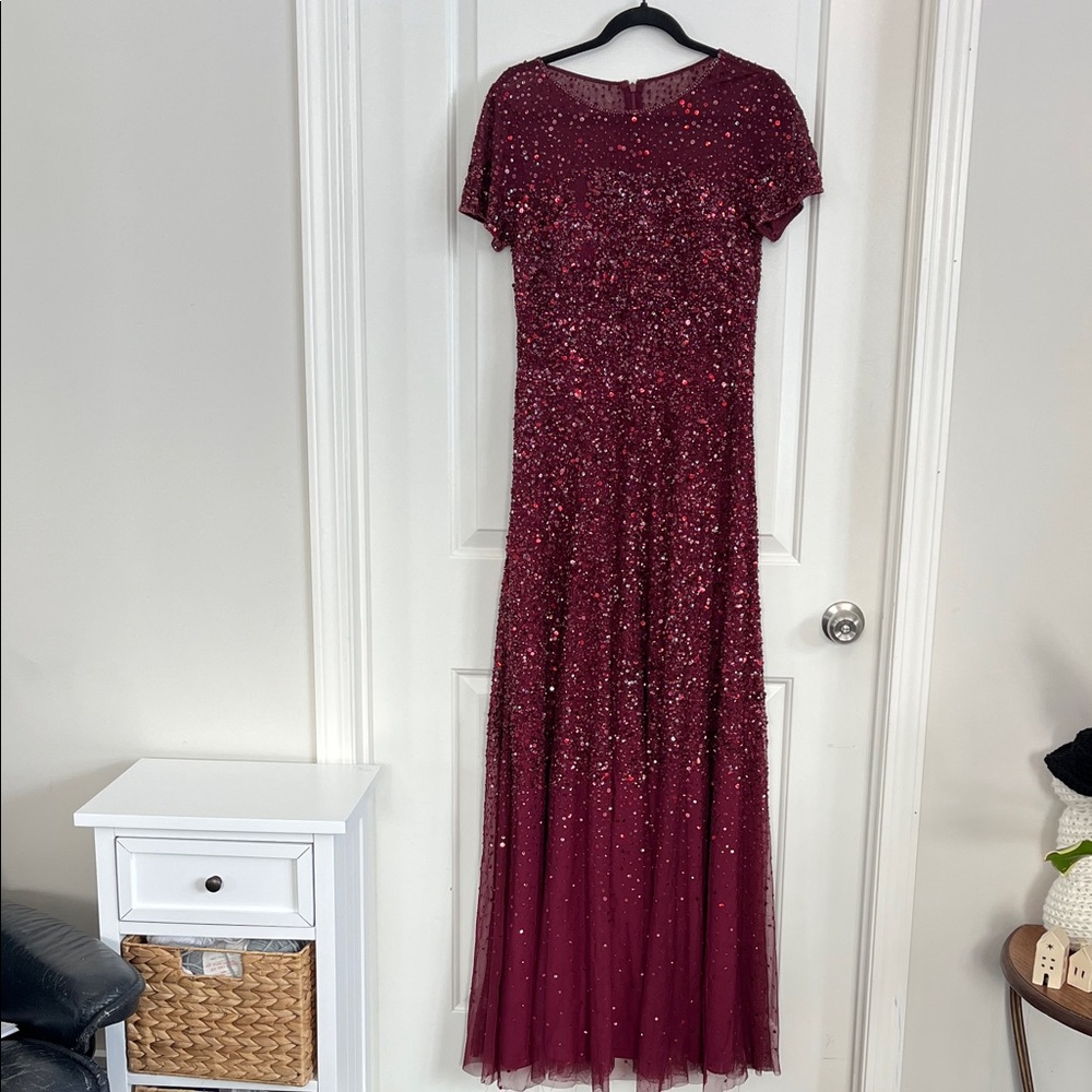 David’s Bridal burgundy sequinned evening gown size 10
